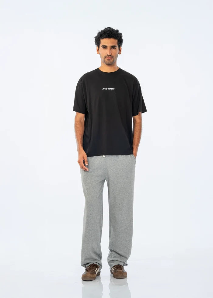Black crew-neck T-shirt with small chest logo, front view