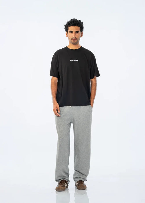 Black crew-neck T-shirt with small chest logo, front view