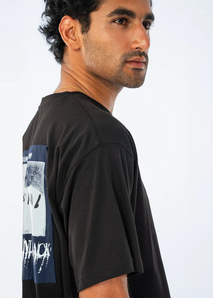 Black crew-neck cotton jersey T-shirt with front graphic print, side view