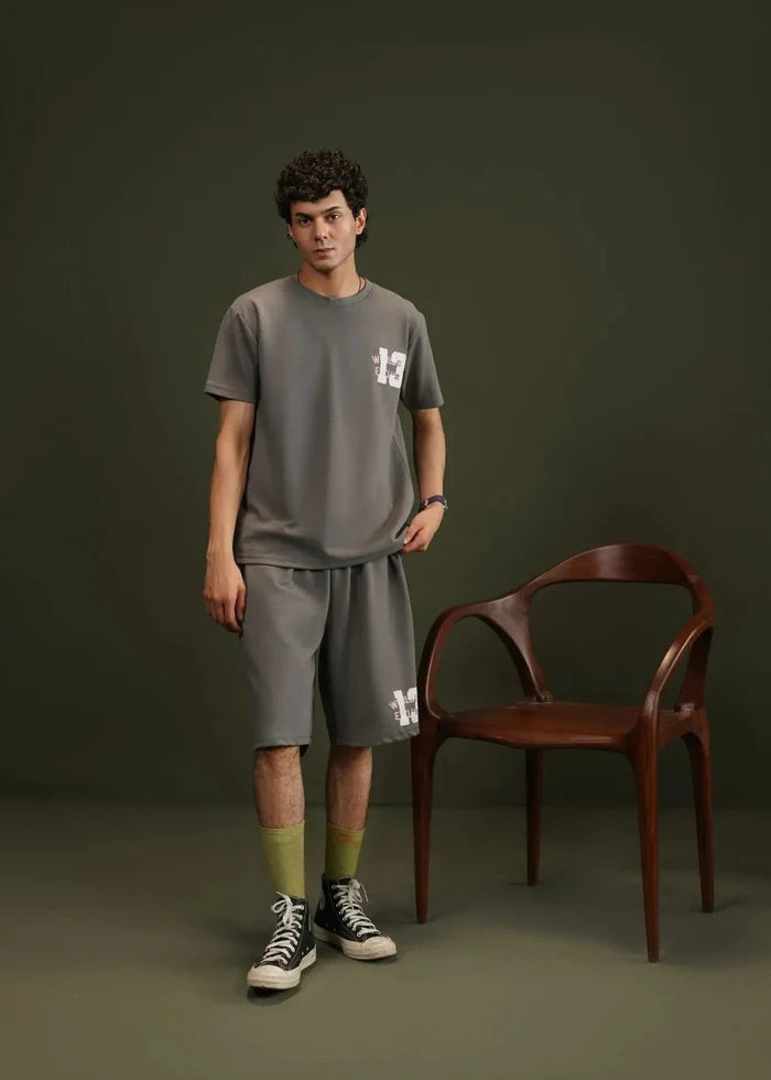 Men's terry short-sleeve t-shirt, charcoal grey, crew neck, chest graphic print.