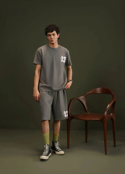 Men's terry short-sleeve t-shirt, charcoal grey, crew neck, chest graphic print.