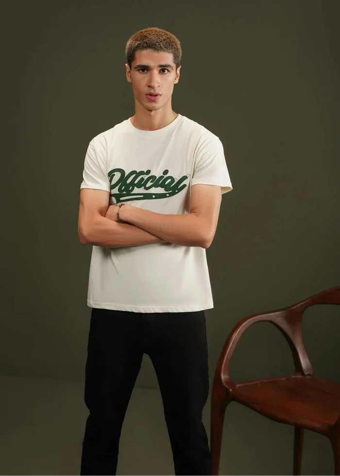 Off-white men's graphic T-shirt with green logo front and crew neck.