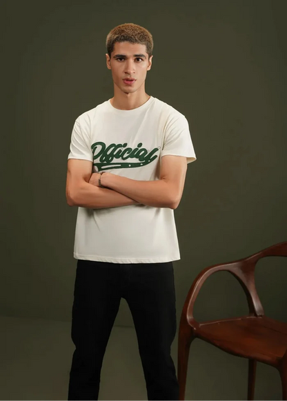 Off-white men's graphic T-shirt with green logo front and crew neck.
