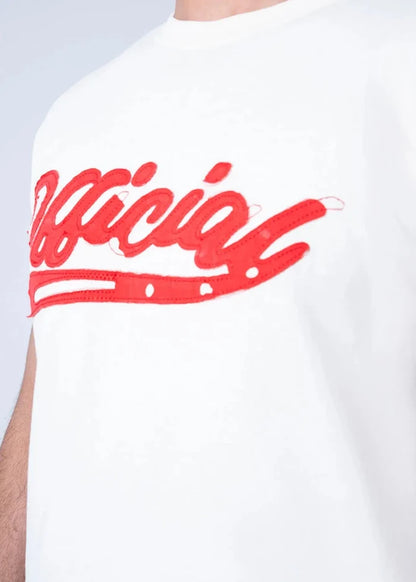 Men's off-white T-shirt with red script logo graphic, close-up