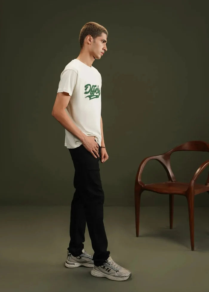 Off-white men's graphic T-shirt with green front logo, short sleeves.