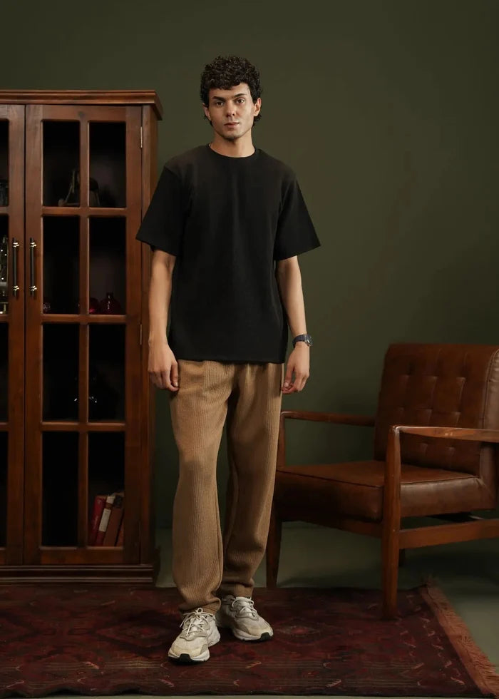 Men's black waffle-knit T-shirt, front view, crew neck with short sleeves
