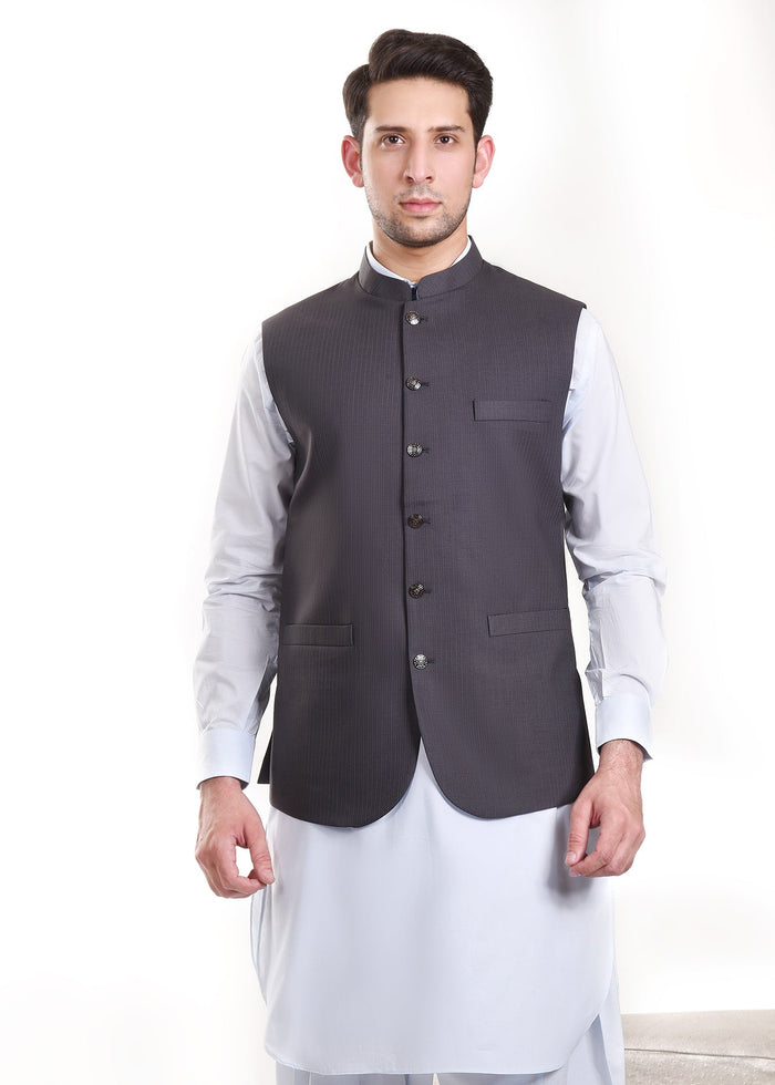 Men's dark gray sleeveless waistcoat with stand collar, button front, and two pockets