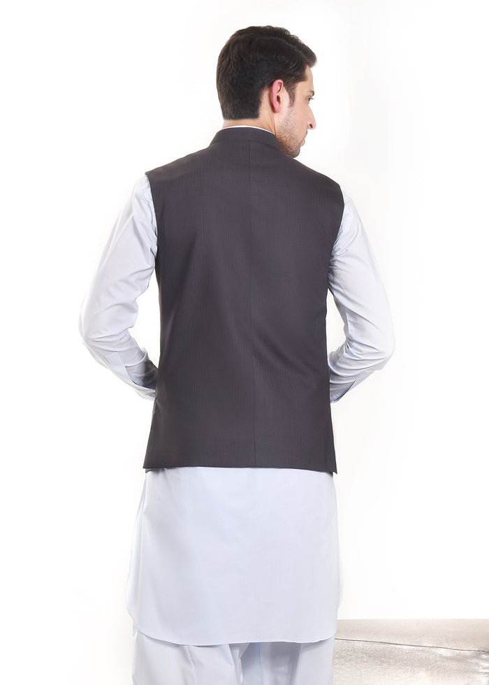 Men's dark gray waistcoat with stand collar, sleeveless back view