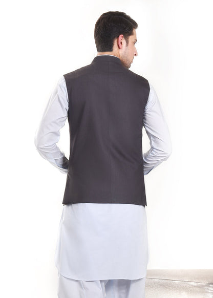 Men's dark gray waistcoat with stand collar, sleeveless back view