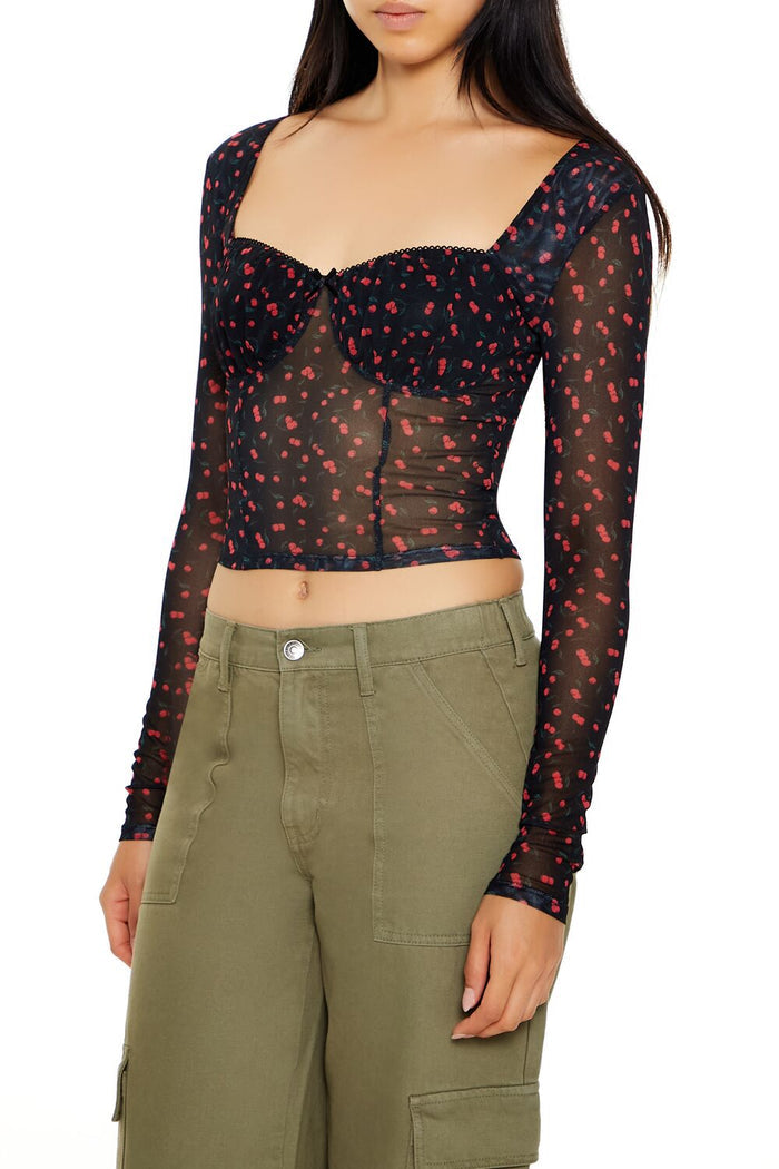 Mesh Cherry Print Crop Top