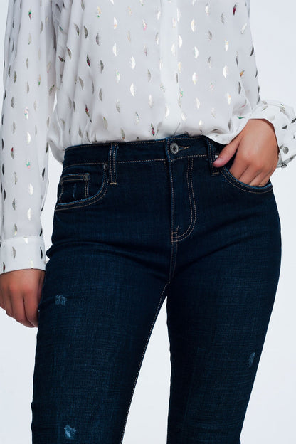 mid rise jeans in bright blue with raw hem - Denim