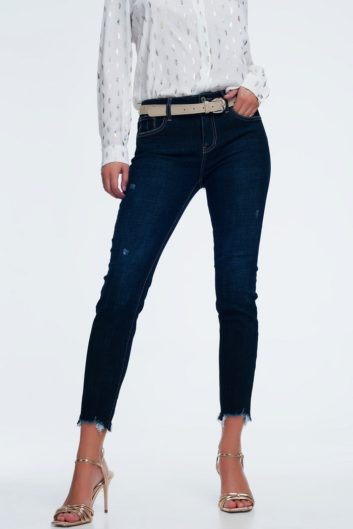 mid rise jeans in bright blue with raw hem - Denim