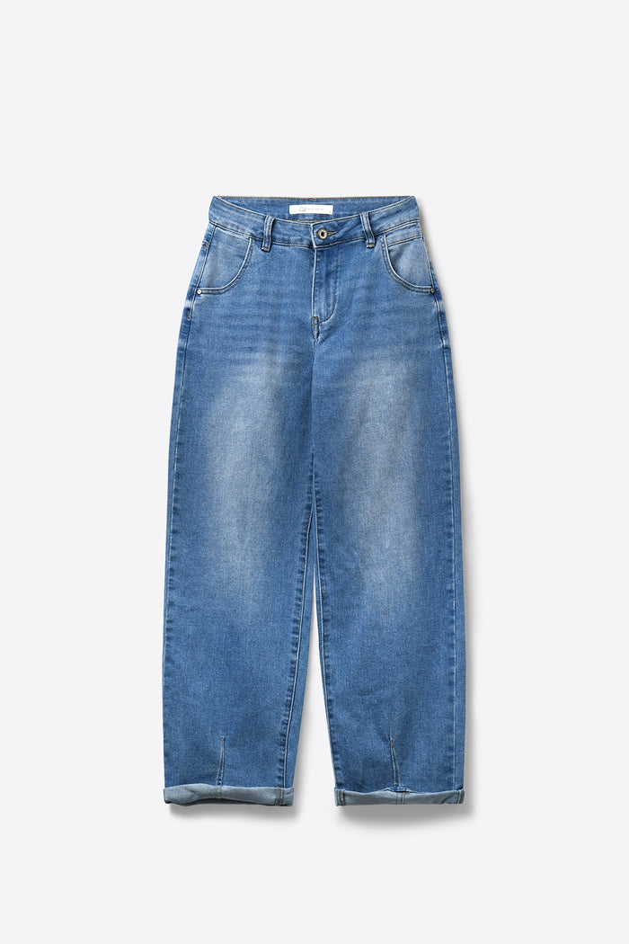 Mid-Wash Curved-Leg Jeans with Folded Hem Seam - Denim