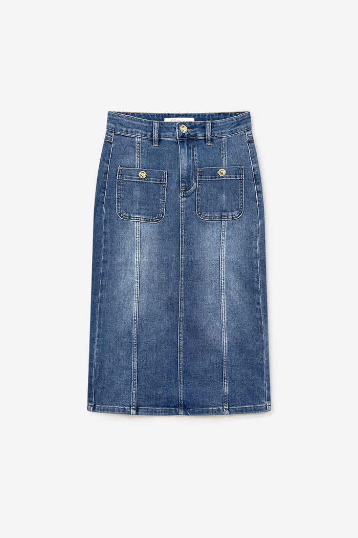 Mid Wash Denim Midi Skirt with Front Patch Pockets
