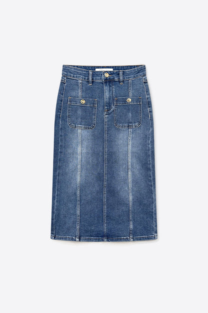 Mid Wash Denim Midi Skirt with Front Patch Pockets