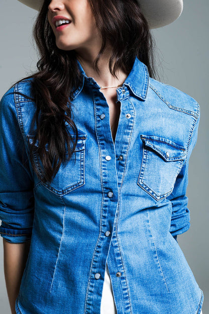 Mid Wash Denim Shirt With Chest Pockets And Press Buttons - Shirts