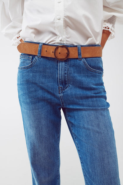 Mid Wash Straight Jeans With Raw Hem in Blue - Denim