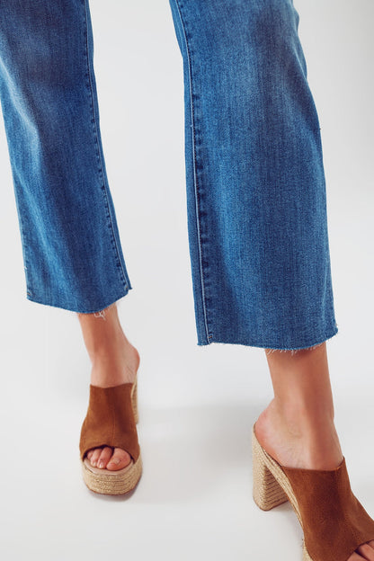 Mid Wash Straight Jeans With Raw Hem in Blue - Denim
