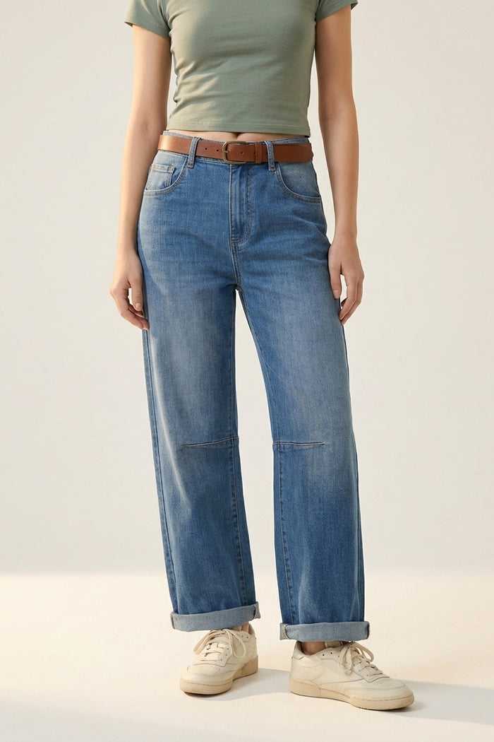 Mid-Wash Straight-Leg Denim Jeans with Rolled Cuffs - Denim