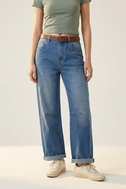 Mid-Wash Straight-Leg Denim Jeans with Rolled Cuffs - Denim