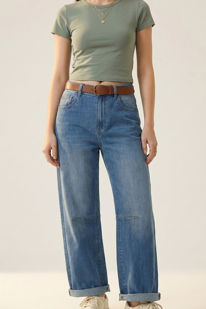 Mid-Wash Straight-Leg Denim Jeans with Rolled Cuffs - Denim