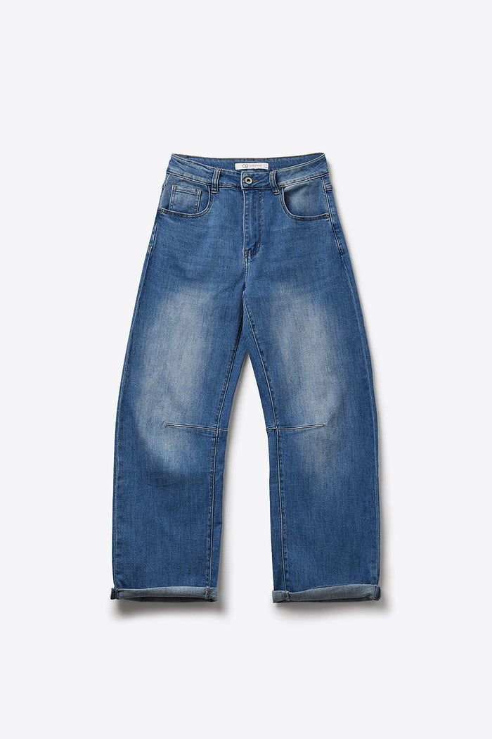 Mid-Wash Straight-Leg Denim Jeans with Rolled Cuffs - Denim