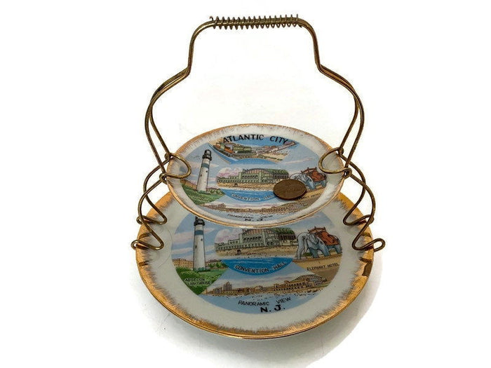 Midcentury Atlantic City Souvenir Dishes with Metal Stand at Duckwells