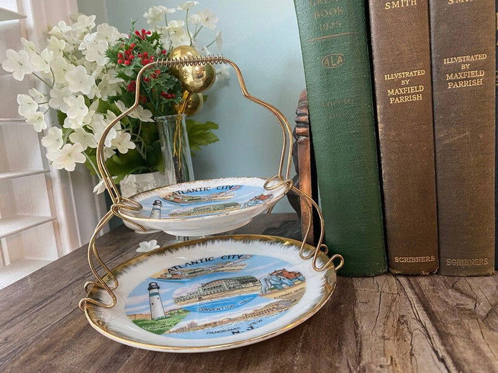Midcentury Atlantic City Souvenir Dishes with Metal Stand at Duckwells