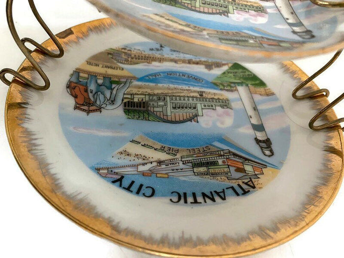 Midcentury Atlantic City Souvenir Dishes with Metal Stand at Duckwells