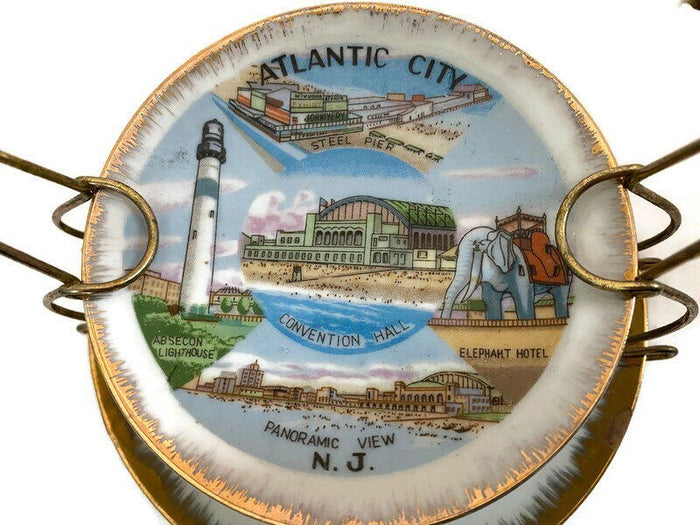 Midcentury Atlantic City Souvenir Dishes with Metal Stand at Duckwells