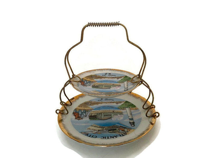 Midcentury Atlantic City Souvenir Dishes with Metal Stand at Duckwells