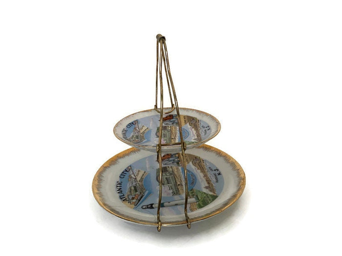 Midcentury Atlantic City Souvenir Dishes with Metal Stand at Duckwells