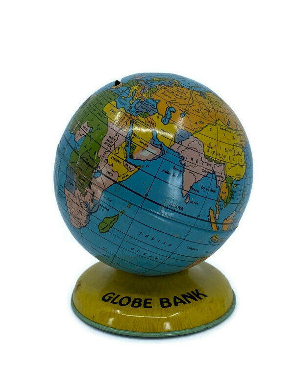 Midcentury Globe Bank Tin Litho by J. Chein at Duckwells