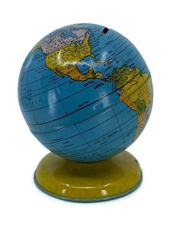 Midcentury Globe Bank Tin Litho by J. Chein at Duckwells