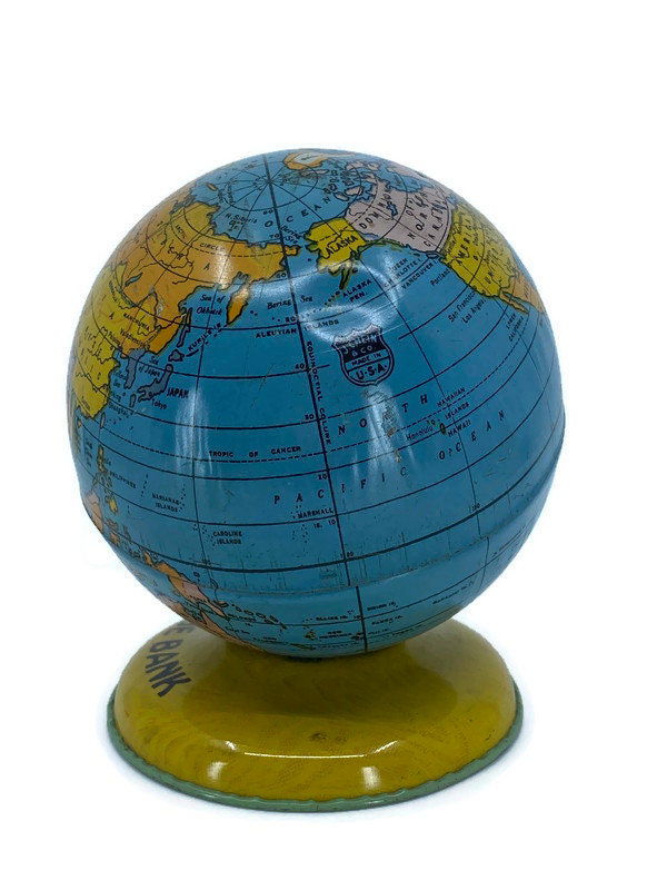 Midcentury Globe Bank Tin Litho by J. Chein at Duckwells