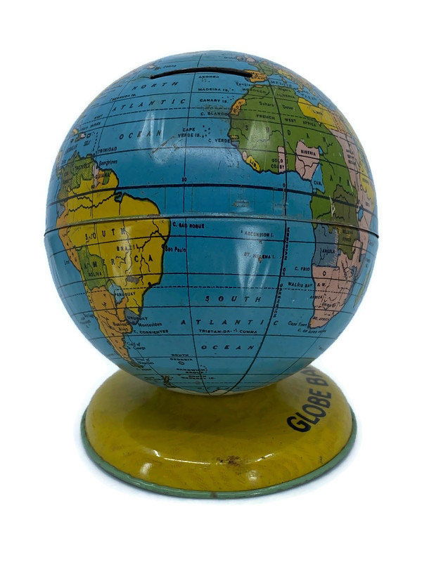 Midcentury Globe Bank Tin Litho by J. Chein at Duckwells