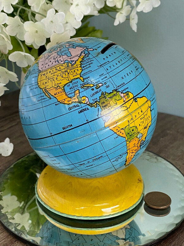 Midcentury Globe Bank Tin Litho by J. Chein at Duckwells