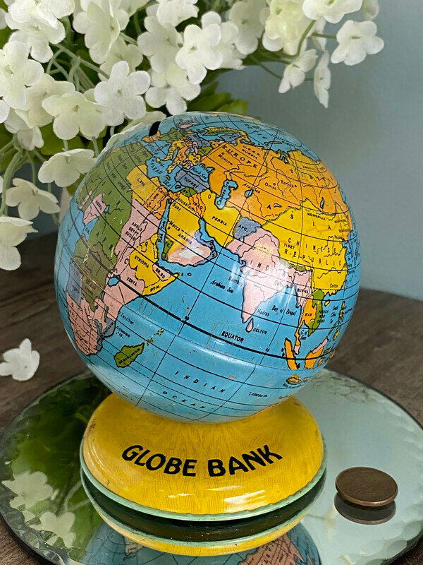 Midcentury Globe Bank Tin Litho by J. Chein at Duckwells