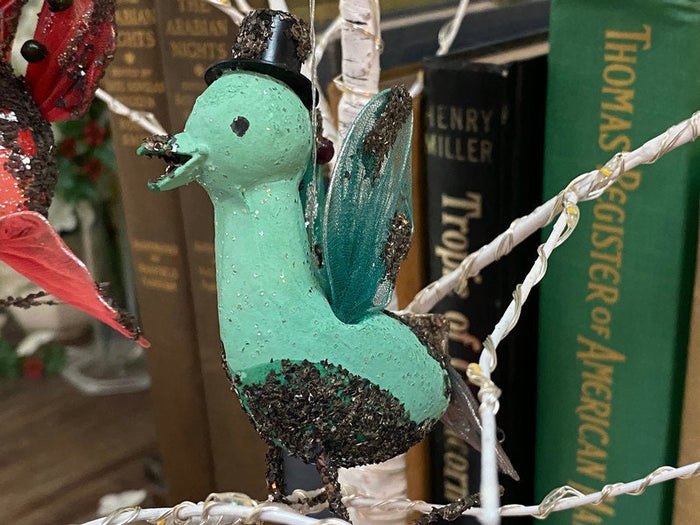 Midcentury Putz Christmas Birds, 1950s Mica Ornaments at Duckwells