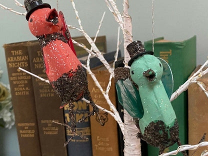 Midcentury Putz Christmas Birds, 1950s Mica Ornaments at Duckwells