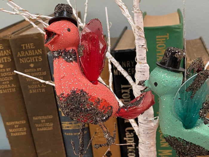 Midcentury Putz Christmas Birds, 1950s Mica Ornaments at Duckwells