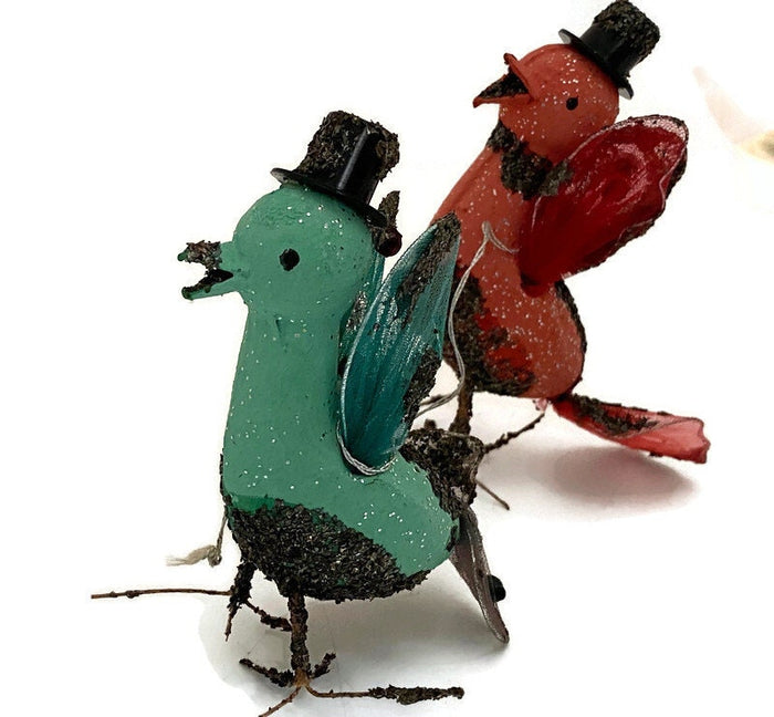 Midcentury Putz Christmas Birds, 1950s Mica Ornaments at Duckwells