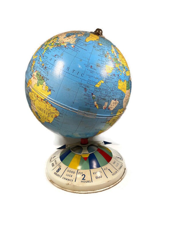 Midcentury Tin Desk Globe - Magnetic Metal Toy at Duckwells