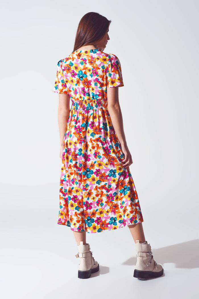 Midi Cinched In Wist Dress In Multicolot Floral Print - dress