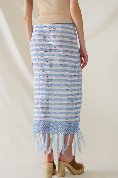 Midi Crochet White Skirt With Blue Stripes and Fringe Hem
