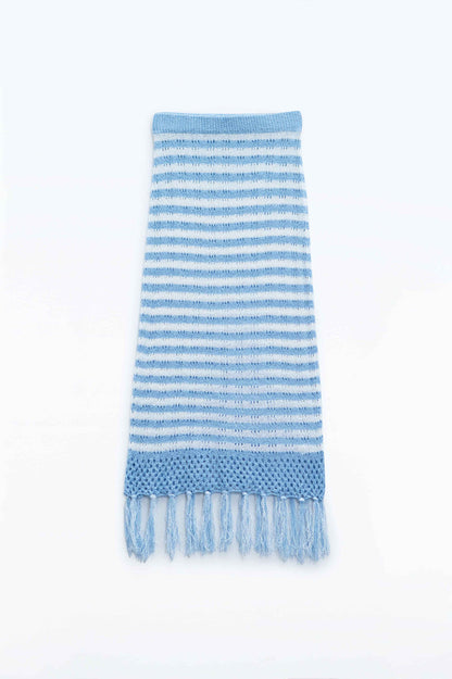 Midi Crochet White Skirt With Blue Stripes and Fringe Hem