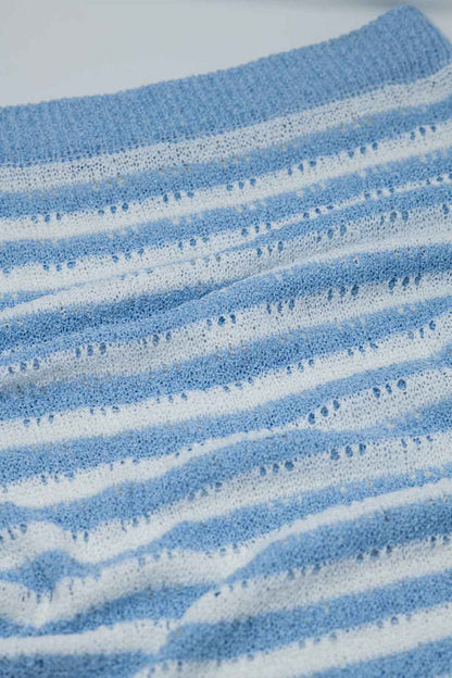 Midi Crochet White Skirt With Blue Stripes and Fringe Hem