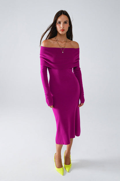 Midi Knitted Folover Badot Dress in Magenta - dress, Dresses