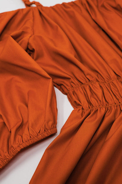 Midi orange dress with short sleeves and straps - dress