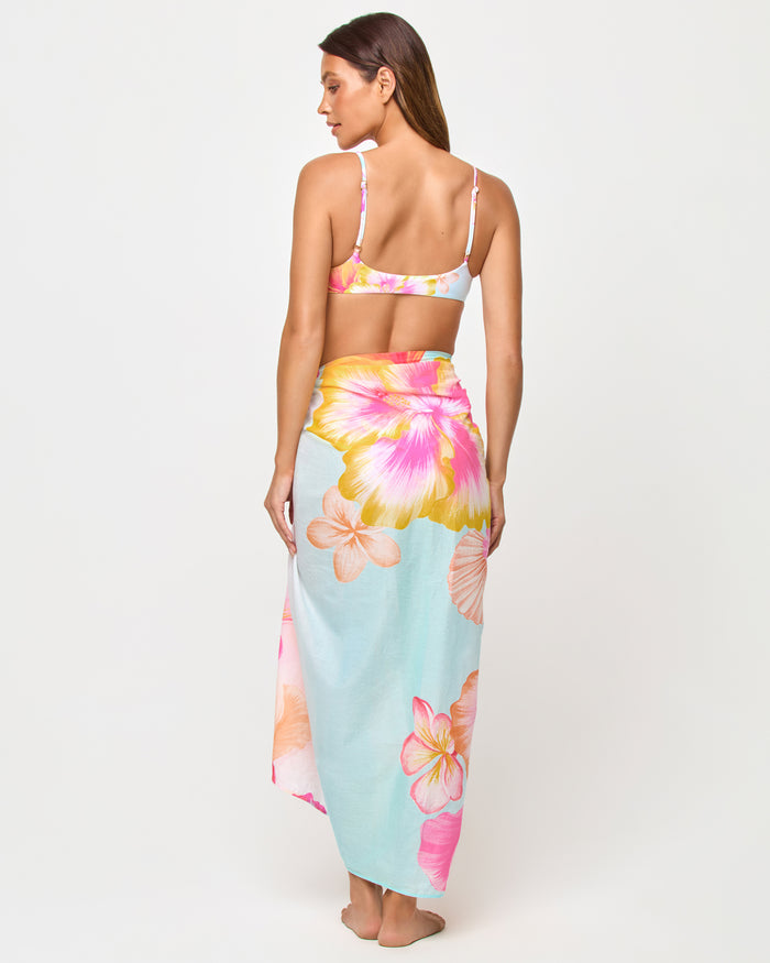 LSPACE Mika Sarong in Hibiscus And Plumeria Oh My print, back view on model.